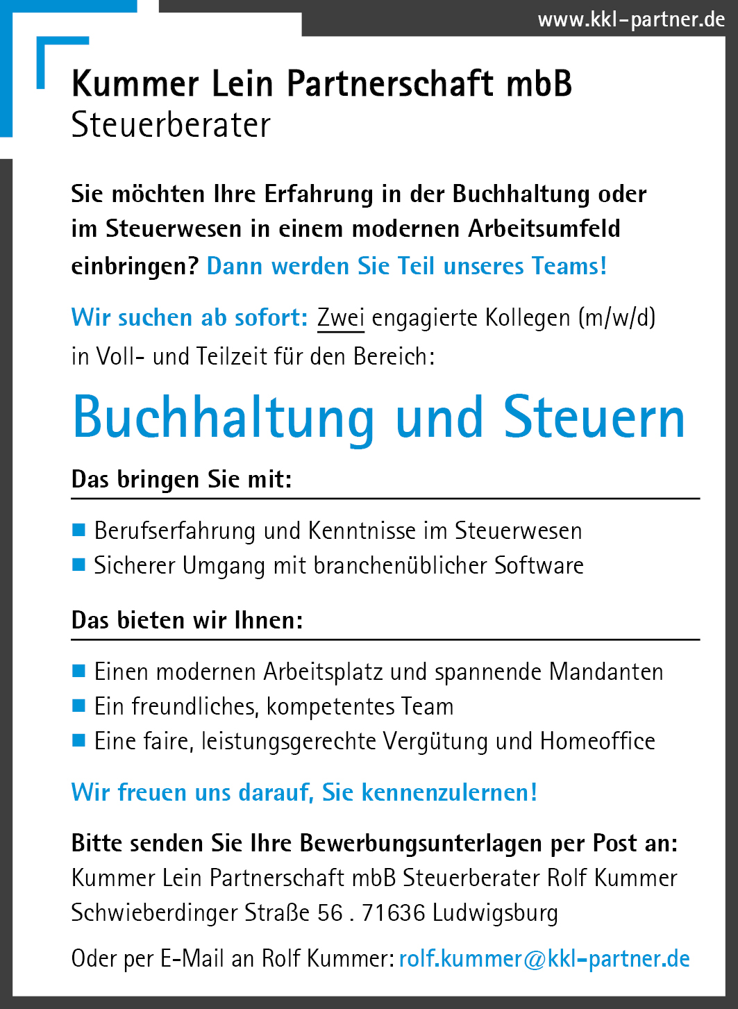 Kollegin/Kollege (m/w/d) für den Bereich Buchhaltung und Steuern gesucht!